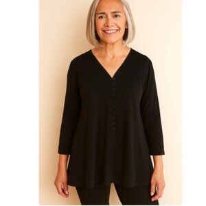 Sympli Duo Diva Button Down Pleated Tunic Top Woman 6 Black Stretch Lagenlook